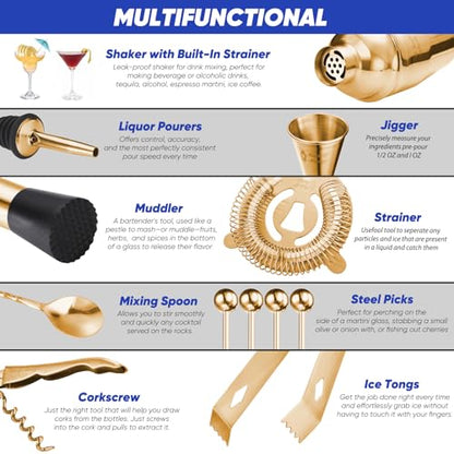 14PC Bartender Kit - Gold Cocktail Shaker Set - All Barware Essentials for Drink Mixing Includes Stand, Martini Shaker, Jigger, Strainer, Mixer Spoon, Muddler, Liquor Pourers, Touch of Mixology - color: Gold