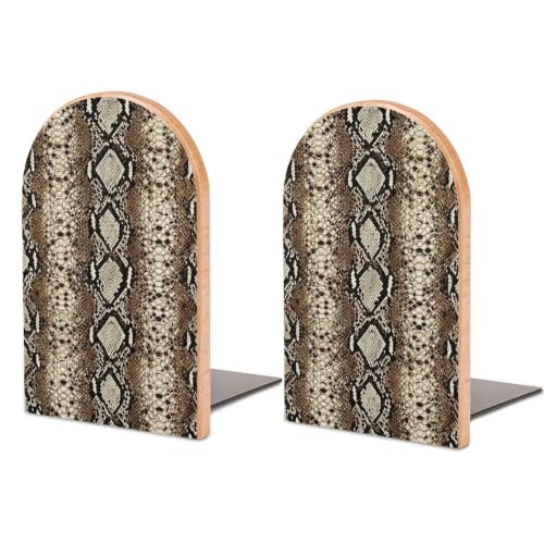 Wood Book Ends for Shelves Bookshelf with Metal Base, Brown Black Wild | Animal Snake Skin Pattern, Desktop Organizer, Heavy Duty Bookends for Office Home Dorm Decoration, 1 Pair - color: Style(626)