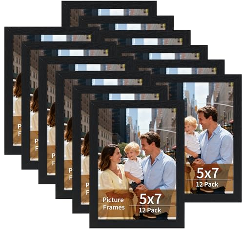 Lyeasw 5x7 Picture Frames Black 12 Pack, Matted Wood Grain Lightweight 5 x 7 Photo Frames for Wall Collage and Desk & Home Decor, with Horizontal or Vertical Placement. - color: Black, size: 5x7
