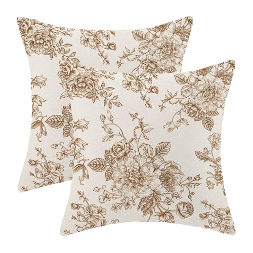 AEIOAE Chinoiserie Floral Pillow Covers 20 x 20 Inch Set of 2, Vintage Brown Flower Decorative Throw Pillow Covers Outdoor Linen Farmhouse Decor Pillowcase for Home Sofa - color: Brown Chinoiserie, size: 20" x 20" (Pack of 1)