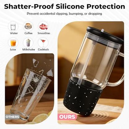 40oz Glass Tumbler with Flip Straw Lid, Handle, Silicone Sleeve, Black | Leakproof Lid, Fits Car Cup Holder Glass for Iced Coffee, Water, Cold Drinks, Travel, Outdoor, Partys&Home - color: Black