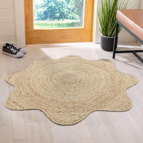 Hand Woven Natural Jute Braided Rug – 4x4 ft Scalloped rug| Rustic Boho Farmhouse Reversible Rug for Entryway, Front Door, Kitchen, Nursery, Dining Room, or Patio | Solid Natural jute Rug - size: 4' x 4' (Flower)