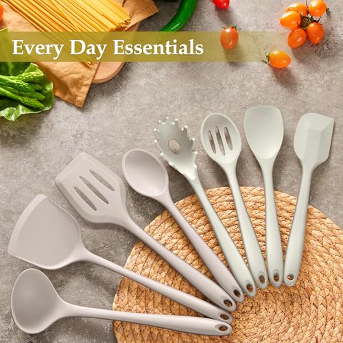 LIANYU 8Pcs Kitchen Utensils Set, Silicone Cooking Utensils Spatula Set for Nonstick Cookware, Include Silicone Spatula, Ladle, Turner, Spoon, Heat Resistant, Dishwasher Safe, Khaki White - color: Khaki White