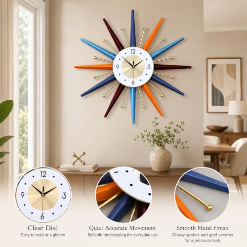 Large Wall Clock 22 Inch, Mid Century Wall Clock Starburst Clock, Retro 3D Metal Decorative Clock Non Ticking Battery Operated for Living Room, Bedroom, Kitchen, Gold
