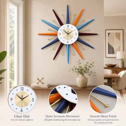 Large Wall Clock 22 Inch, Mid Century Wall Clock Starburst Clock, Retro 3D Metal Decorative Clock Non Ticking Battery Operated for Living Room, Bedroom, Kitchen, Gold