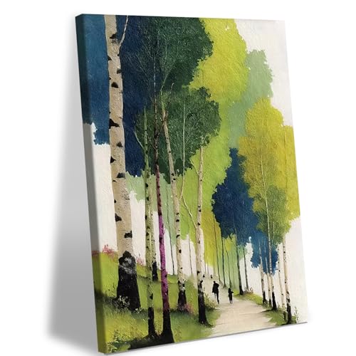 GYYLGYY Modern Watercolor Birch Tree Landscape Canvas Wall Art | 12x16Inch Framed Nature Forest Path Artwork Simple Green-Toned Landscape Wall Decor for Living Room Bedroom Office - color: Birch Tree Landscape Wall Art, size: 16"L x 12"W