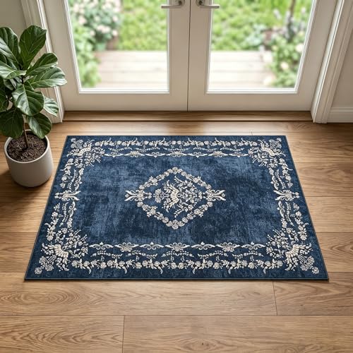 FlyDOIT Small Entryway Rug 2x3 Washable Area Rugs for Bathroom, Navy Blue | Vintage Boho Distressed Door Mat, Non-Slip Soft Low Pile Indoor Entrance Floor Carpet for Kitchen College Dorm Office Decor - color: Navy Blue, size: 2' x 3' (Rectangular)