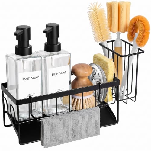 GMISUN Kitchen Soap Dispenser Set, 12 fl oz / 350 ml Dish Soap Dispensers with Sponge Holder, Customized Clear Glass Dish soap Dispenser for Kitchen, Modern Soap Dispensers Set Removable - color: Clear Bottle + Black Rack