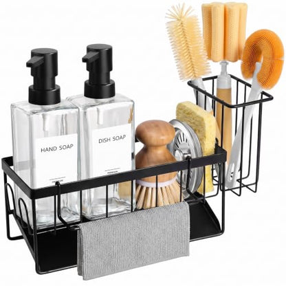 GMISUN Kitchen Soap Dispenser Set, 12 fl oz / 350 ml Dish Soap Dispensers with Sponge Holder, Customized Clear Glass Dish soap Dispenser for Kitchen, Modern Soap Dispensers Set Removable - color: Clear Bottle + Black Rack