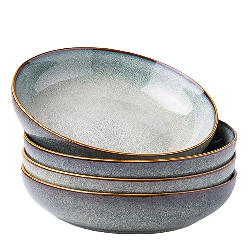 AmorArc 8.5’’ Ceramic Pasta Bowls Set of 4, 36oz Large Stoneware Bowls Set | Large Dinner Serving Bowls Set, Wide Bowl Plate for Pasta,Salad, Soup, Microwave Safe, Reactive Glaze-Ocean Blue - color: Ocean Blue, size: Set of 4