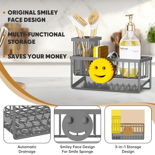 Sponge Holder for Kitchen Sink,Smiley Face Sink Caddy with Removable Brush Holder,Self-Draining Sponge Caddy for Soap,Dish Brush,Scrubber,Kitchen Essentials and Gadgets-Charcoal Gray - color: 1 Tier Charcoal Gray