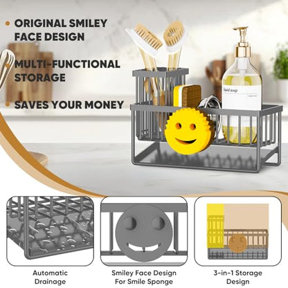 Sponge Holder for Kitchen Sink,Smiley Face Sink Caddy with Removable Brush Holder,Self-Draining Sponge Caddy for Soap,Dish Brush,Scrubber,Kitchen Essentials and Gadgets-Charcoal Gray - color: 1 Tier Charcoal Gray