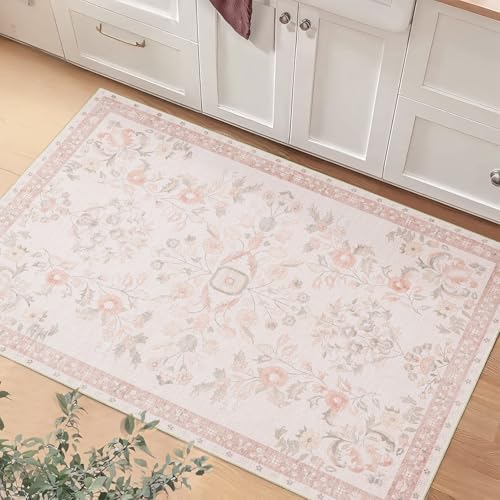 Small Rug Washable 2x3 Area Rugs Non Slip Ultra-Thin Floral | Throw Carpet for Bathroom Entryway Entry Entrance Bedroom Bedside Kitchen Floor Indoor Low Pile Boho Vintage Pink - color: Pink, size: 2' x 3' (Rectangular)