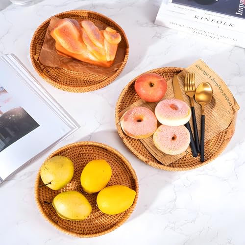 Woven Storage Basket Set 3 Pack, Round Decorative Serving Trays with Autumn Vine, Handcrafted Nesting Bowls for Fruit Bread Display, Rustic Home Decor for Table Organization