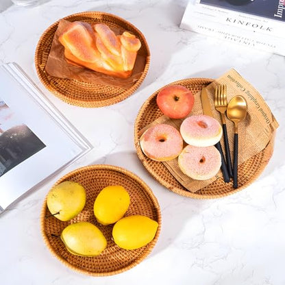 Woven Storage Basket Set 3 Pack, Round Decorative Serving Trays with Autumn Vine, Handcrafted Nesting Bowls for Fruit Bread Display, Rustic Home Decor for Table Organization