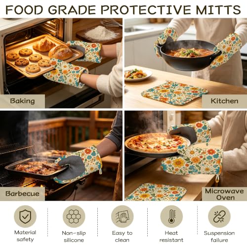 Retro 70s Boho Floral Oven Mitts and Pot Holders Sets of 4, Heat Resistant Silicone Oven Mitts Gloves Non-Slip Kitchen Mittens Potholders for Cooking Baking Grilling BBQ - color: Boho Floral