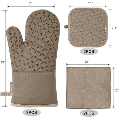 KEGOUU Oven Mitts and Pot Holders 6pcs Set, Kitchen Oven Glove High Heat Resistant 500 Degree Extra Long Oven Mitts and Potholder with Non-Slip Silicone Surface for Cooking (Khaki) - color: Khaki