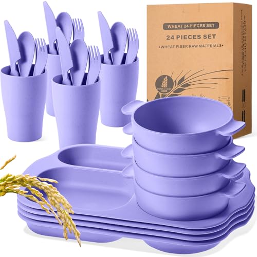 Honoson 24 Pcs Wheat Straw Dinnerware Cutlery Set, Service for 4, Unbreakable Plates and Bowls Set - Divided Plates, Bowls, Spoons, Forks & Knives, Microwave & Dishwasher Safe(Light Purple) - color: Light Purple