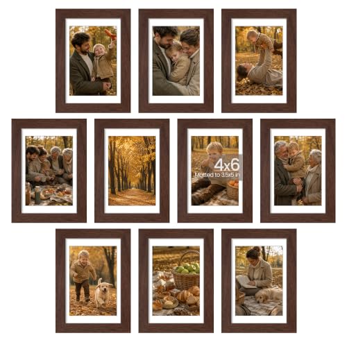 upsimples 4x6 Picture Frame Set of 10, Display Pictures 3.5x5 with Mat or 4x6 Without, Multi Photo Frames Collage for Wall or Tabletop Display, Brown | Small Frame Fit 3.5x5 and 4 x 6 Photos, Wall or Tabletop Display, For Gallery Hallway Living Room, For