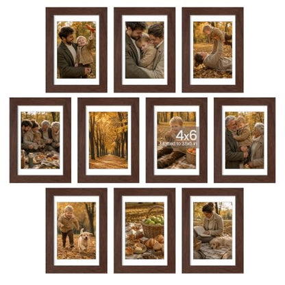 upsimples 4x6 Picture Frame Set of 10, Display Pictures 3.5x5 with Mat or 4x6 Without, Multi Photo Frames Collage for Wall or Tabletop Display, Brown | Small Frame Fit 3.5x5 and 4 x 6 Photos, Wall or Tabletop Display, For Gallery Hallway Living Room, For