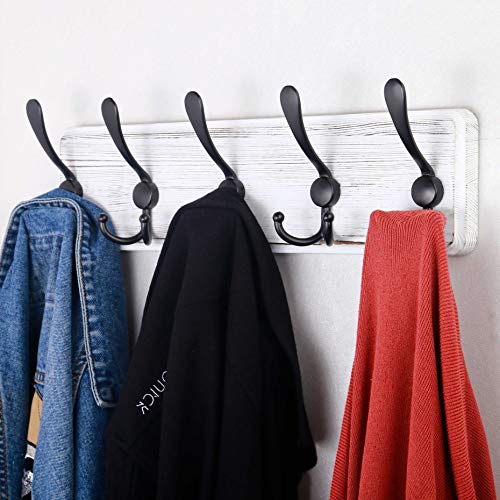 SKOLOO Rustic Wall Mounted Coat Rack: 16" Stud Spacing, Pine Real Wood Plank Wall Coat Rack with 5 Triple Hooks, Farmhouse Coat Hanger Wall Mount for Hanging Backpack Jacket Coat Hat - color: White Plate & Black Hook, size: 1 Item-5 Hooks