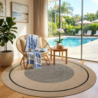 LUMI 4' Round Natural Jute Area Rug, Braided Farmhouse Rug - color: Toffee Trace, size: 4'x4'