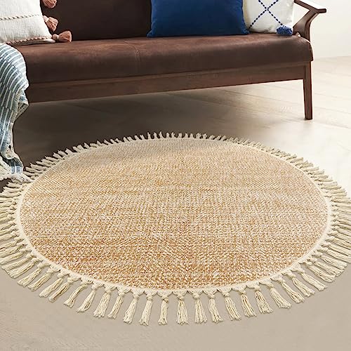 Hand Woven Circle Area Rug, Soft Hand Woven Cotton Washable Carpet | 4ft Modern Farmhouse Rugs with Tassels, Tan/Cream Round Rugs for Bedroom Living Room Dining Room Table Office - color: Tan/Cream, size: 4' (Round)