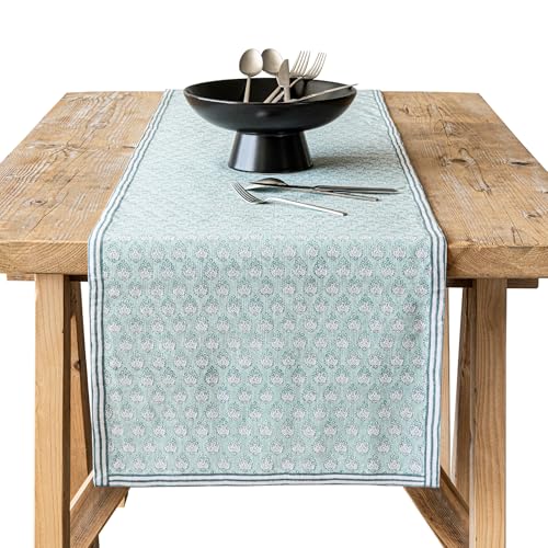 Over&Back 18x90 Hand-Blocked Printed Cotton Table Runner - Washable Table Runners for a Custom Home Decor Tablescape - Perfect for Coffee Table, Dinner Table, Living Room, and More - Blue Leaf - color: Blue Leaf, size: Runner | 18x90