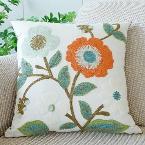 vctops Floral Embroidered Pillow Covers 18x18 Inch Spring Summer Cotton Tufted Throw Pillow Cover Outdoor Garden Cushion Case for Sofa, Bed, Living Room (Flower G,18"x18") - color: Flower G