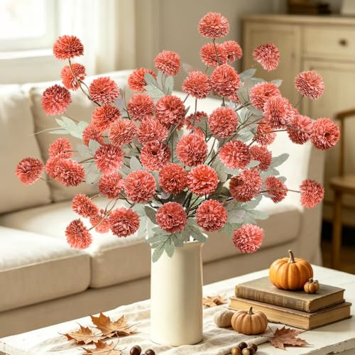INQCMY Artificial Silk Mums 20" Faux Stem Kiku Flowers for Vase Home Decor | 12 Pcs Fake Chrysanthemums Orange Fall Flower, Realistic Pompon Balls for Indoor Living Room Thanksgiving Table Centerpieces - color: Deep Orange