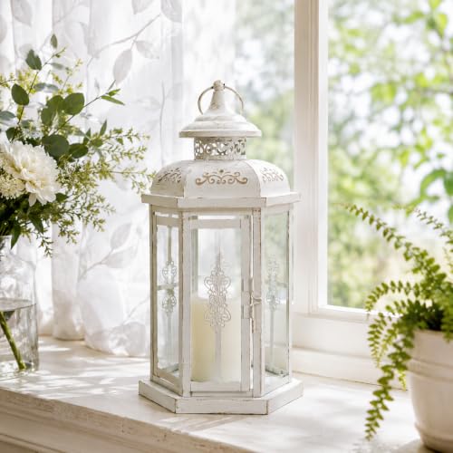 JHY DESIGN Rustic Decorative Lanterns 12" H Medium Candle Lantern Vintage Metal Candle Holder for Indoor Outdoor, Events, Parities, Patio and Wedding(White with Gold Brush) - color: 12"h White