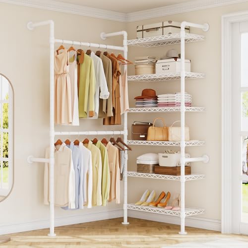 L2 Wall Mounted Closet System, Industrial Pipe Clothing Rack, White | Metal Clothes Rack with 2 Telescopic Rods & 6 Shelves, Heavy Duty Closet Organizers for Wardrobe, Reach-in & Walk-in Closets - color: White