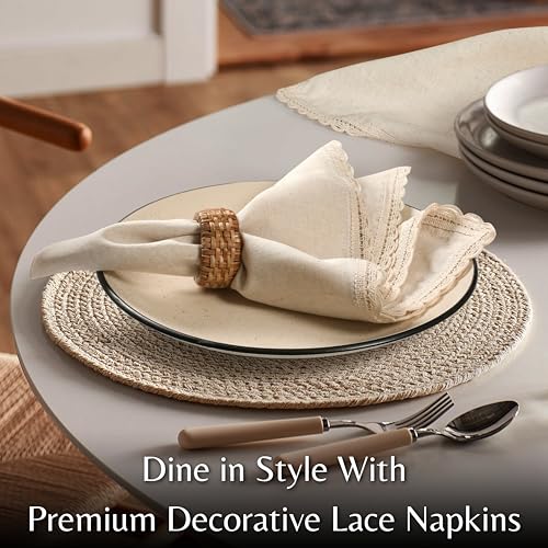 Ramanta Home Linen Cloth Napkins Set of 4, 20x20 Inches, Natural | Flax Lace Cotton Linen Reusable Decorative Scalloped Oversized Dinner Napkins with Mitered Corners for Weddings, Everyday Use