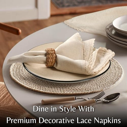 Ramanta Home Linen Cloth Napkins Set of 4, 20x20 Inches, Natural | Flax Lace Cotton Linen Reusable Decorative Scalloped Oversized Dinner Napkins with Mitered Corners for Weddings, Everyday Use