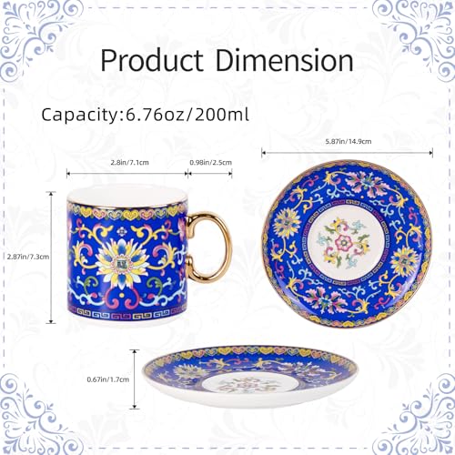 KAMMAK Tea Cup and Saucer, Ceramic Coffee Cups, 7 oz, Set of 2 | Porcelain Tea Cups with Saucers for Coffee and Cappuccino, Ideal for Breakfast, Afternoon Tea and Entertaining,639N+640N - style: 639N+640N