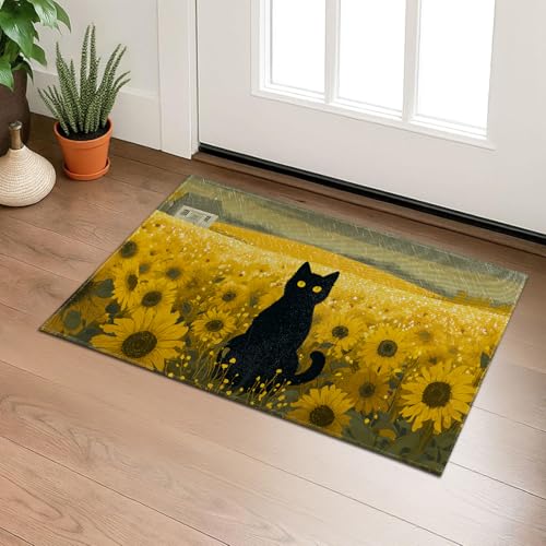 Black Cat with Sunflower Field Indoor Door Mat, Welcome Artistic Floral 29.5"×17" Non-Woven Floor Mat, Non-Slip Doormat Rug for Front Door, Porch, Bathroom, Kitchen, Home Decor, Gifts - color: 02