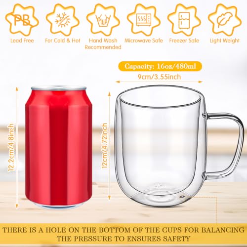 Patelai Glass Coffee Mugs Set of 6, 16 oz Clear Double Walled Coffee Cups Glasses Insulated Latte Mugs with Handle Espresso Clear Cups for Hot and Cold Beverages - color: Clear round, size: 480ml