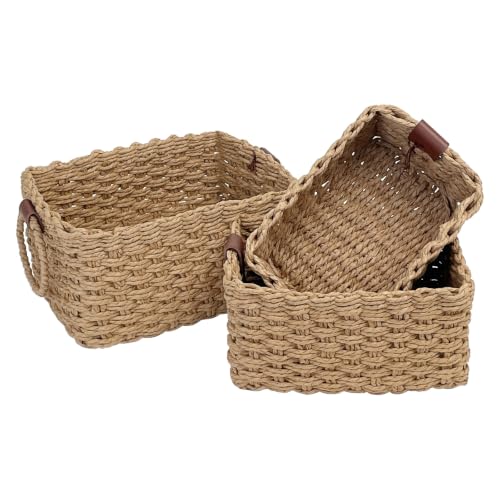 Paper Rope Storage Baskets Set of 3, Handwoven Decorative Wicker Organizer Bins with Handles for Shelves, Bathroom, Closet & Pantry, Soft Woven Nesting Storage Basket Set (Khaki) - color: Khaki