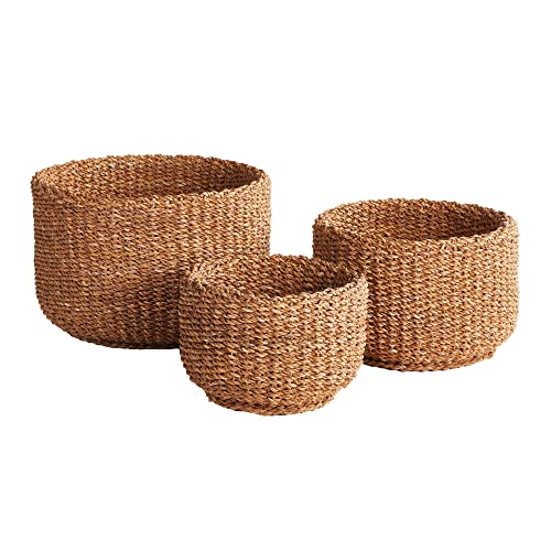 Set of 3 Woven Sea Grass Storage Baskets Cylinder 18 15 12 in Natural Spa Towel
