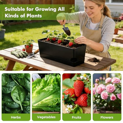 Self Watering Pots for Indoor Plants 17 Inches Window Boxes Planters Rectangular Flower Pots Rectangle Herb Pots Large Plant Pots with Drainage Holes and Saucers Windowsill Planter (2, Black) - color: Black