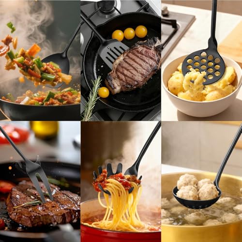 Izurok18/10 Stainless Steel Kitchen Utensils Set,10 Piece Cooking Utensils With Wood Handle,Heat Resistant Kitchen Tool Set With Spatula,Spoon,Ladle,Skimmer,Slotted Turners,Pasta,Turner,Ladl,Fork - color: BLACK-10 Pieces, size: Large