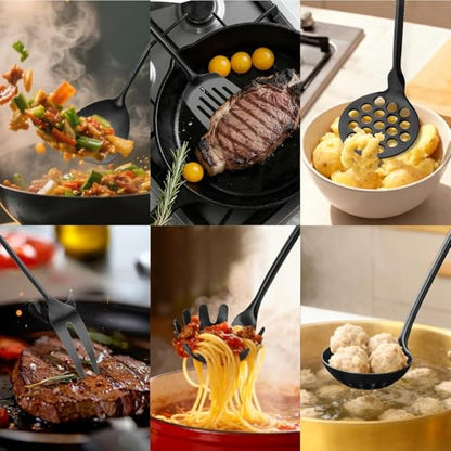 Izurok18/10 Stainless Steel Kitchen Utensils Set,10 Piece Cooking Utensils With Wood Handle,Heat Resistant Kitchen Tool Set With Spatula,Spoon,Ladle,Skimmer,Slotted Turners,Pasta,Turner,Ladl,Fork - color: BLACK-10 Pieces, size: Large