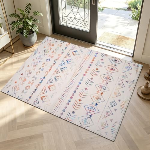2'x3' Washable Entryway Rug Boho Small Area Rugs Bohemian Tribal Accent Rug Geometric Pattern Multi-Color Vintage Throw Rugs Non-Slip Low Pile Mat for Door Bedroom Bathroom Kitchen or Dorm Room - color: Geometric 01--multicolor