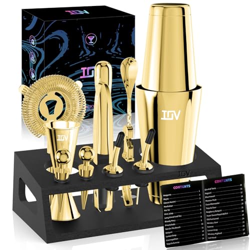IOV Cocktail Shaker Set: 12-Piece Mixology Bartender Kit Bar Set | 16oz & 28oz Boston Shaker Drink Mixing Tools for Home with Recipe Booklet and Stand | Fun Housewarming Gift (Gold) - color: 12 Pcs - Gold