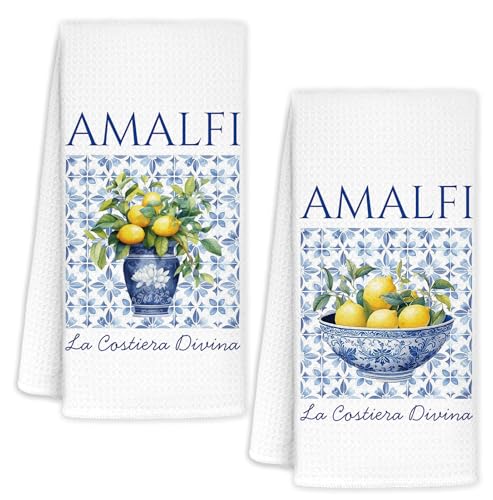 Italian Amalfi Coast Lemon Kitchen Towels Set of 2, Blue and White Floral Mediterranean Tiles Dish Tea Hand Towels for Kitchen Decor,Chinoiserie Amalfi Coast Decor for Bathroom, 16x24 Inch - color: Italy
