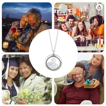 4pcs Photo Locket Charms Necklace Round Stainless Steel Locket Pendants Crystal Double-Sided Picture Frame Memory Locket Charm with 17.7inch Chain for Wedding Jewellery Making Photo - color: Silver A