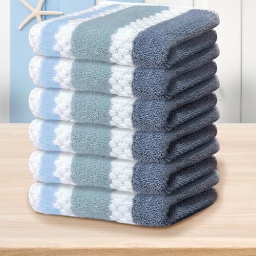 Waffle Washcloths for Bathroom, Wash Cloths 6 Pack 13"x13" - Cotton & Polyester | Quick Dry | Thick | Absorb, Decorative Soft Face Wash Cloths, Striped Face Towel Set, Blue-Gray and White Checkered - color: Blue-gray and White, size: 6 PC Washcloth Set