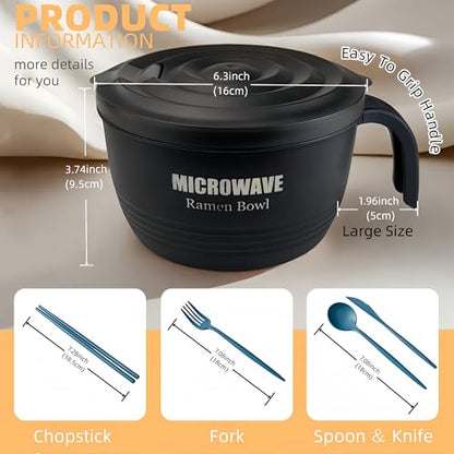 Layron 2 Sets Microwave Ramen Cooker Bowl 45 oz Instant Noodle Bowl with Handles Ramen Noodle Cooker with Spoon Chopsticks Fork Knife College Dorm Room Essentials(Black, Black) - color: Black