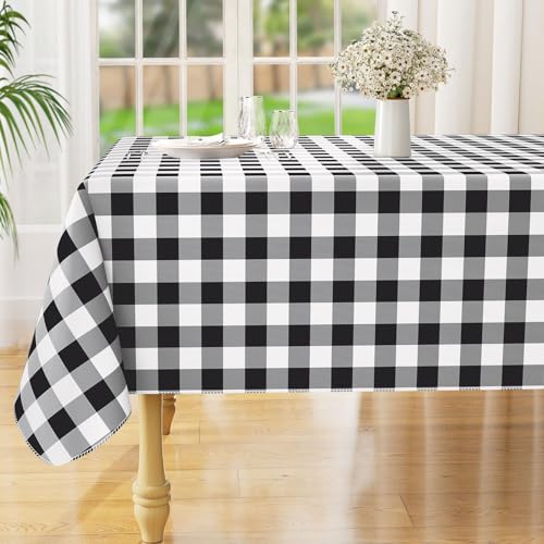 Rectangle Waterproof Vinyl Table Cloth, Buffalo Flannel Backed Tablecloth, Wipeable Plastic Table Cover for Dinner, Kitchen, Outdoor (60" x 84", Black and White) - color: Black and White, size: 84" x 60" (Rectangular)