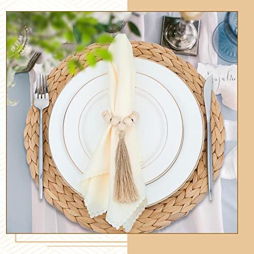 Gejoy 36 Pcs Boho Woven Placemats Wood Bead Napkin Rings with Dinner Napkins Cloth 13.8 Inch Round Water Hyacinth Placemat Farmhouse Rustic Table Chargers Wooden Dinner Ring for Wedding Thanksgiving